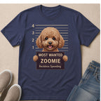 Pug mugshot graphic on navy t-shirt with "Most Wanted Zoomie" text.
