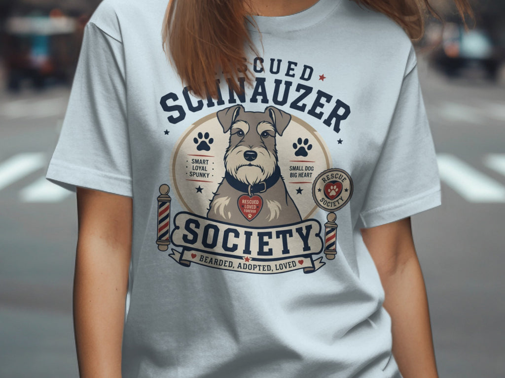 Rescued Schnauzer Society t-shirt with dog graphic and text "Bearded, Adopted, Loved".