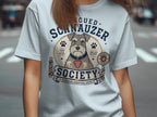 Rescued Schnauzer Society t-shirt with dog graphic and text "Bearded, Adopted, Loved".