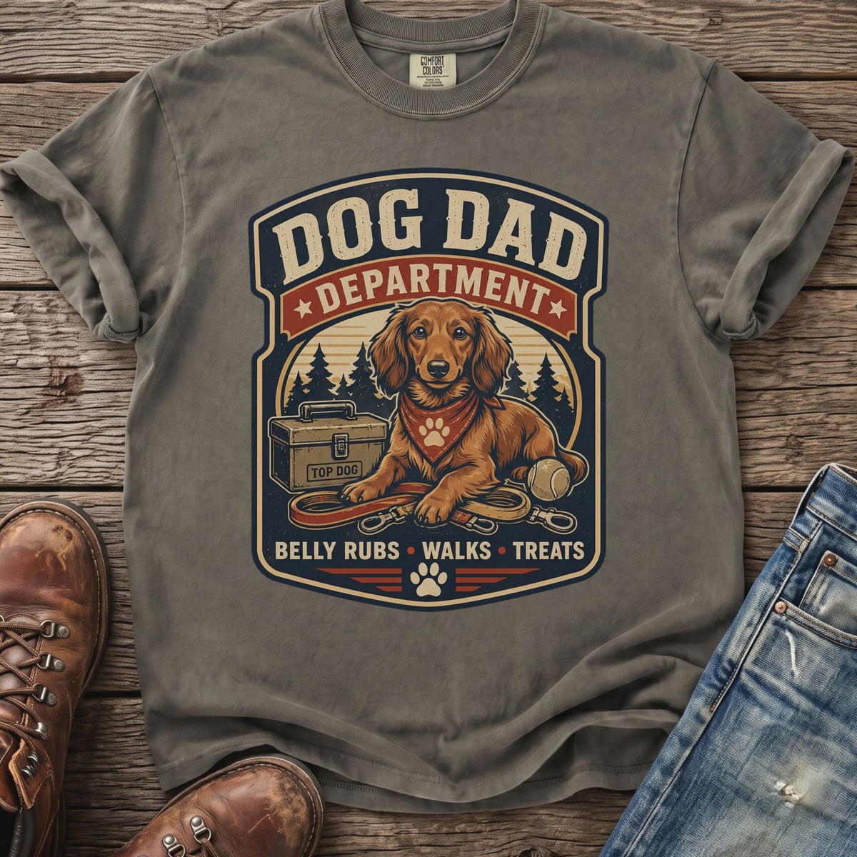 Grey t-shirt with "Dog Dad Department" and a dachshund graphic.