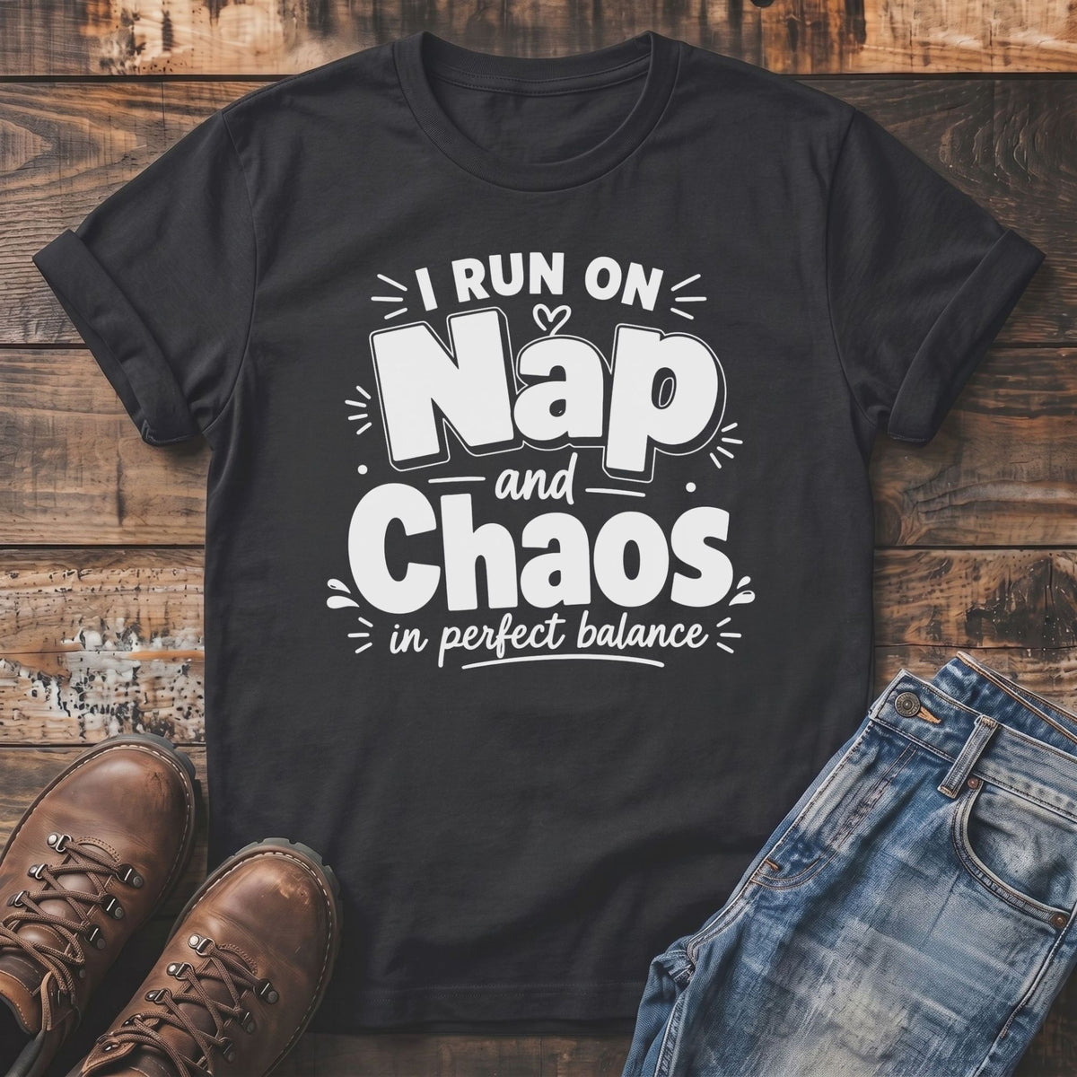 Black t-shirt with "I run on Nap and Chaos in perfect balance" text.