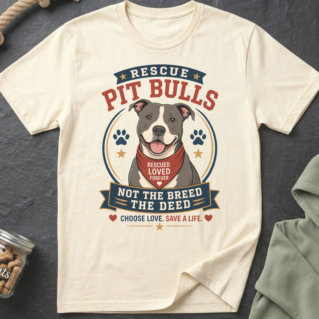 Cream t-shirt with a pit bull wearing a bandana saying "Rescued Loved Forever".