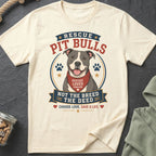 Cream t-shirt with a pit bull wearing a bandana saying "Rescued Loved Forever".
