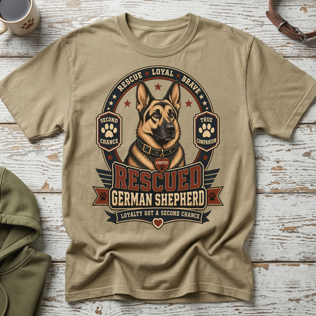 Tan t-shirt with rescued German Shepherd graphic and text "Loyalty Got a Second Chance".
