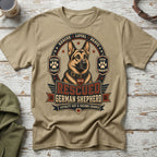 Tan t-shirt with rescued German Shepherd graphic and text "Loyalty Got a Second Chance".
