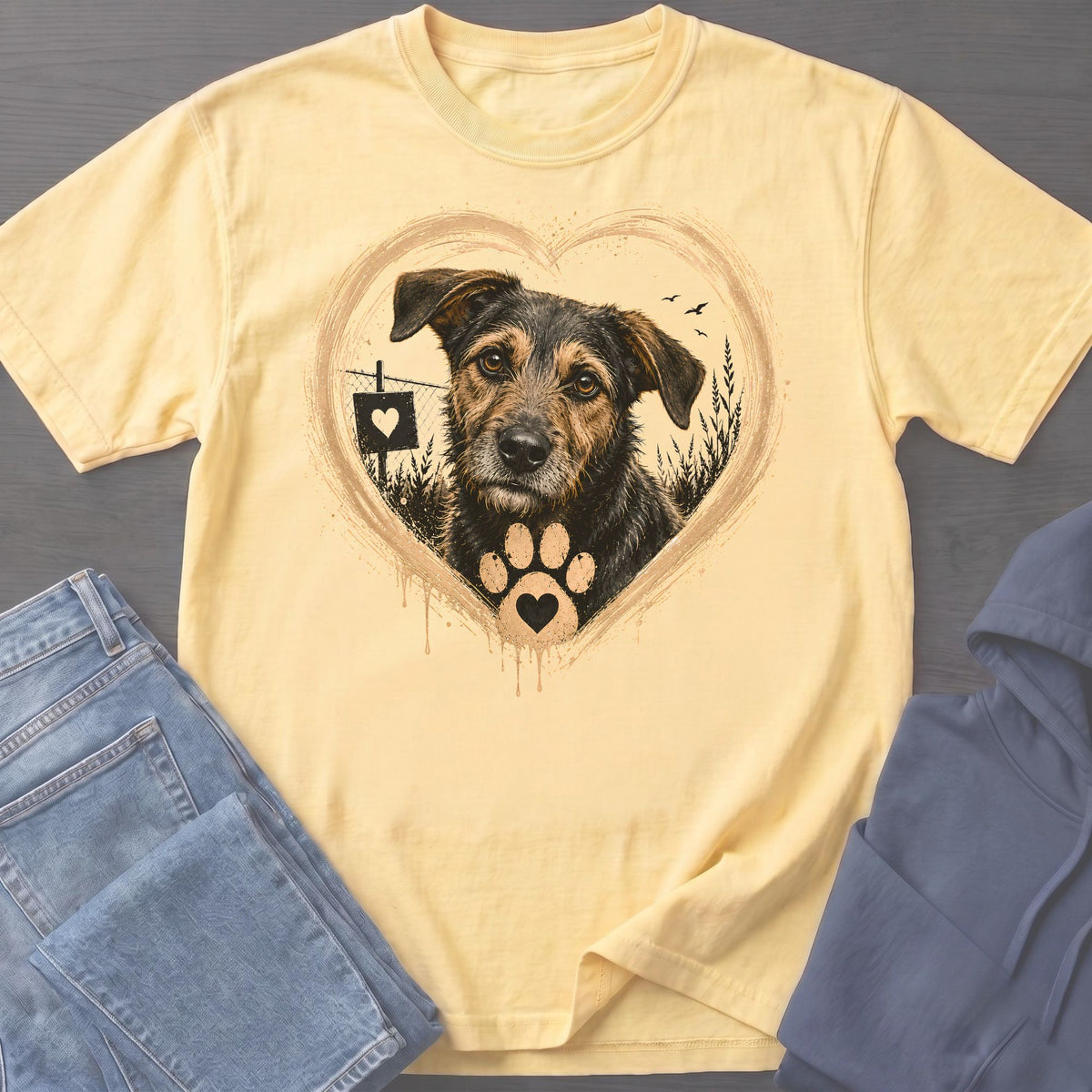 Yellow t-shirt with dog portrait inside a heart, featuring a paw print and sign.