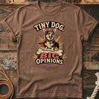 Corgi wearing a cape and sitting on a bone with text "Tiny Dog, Big Opinions".
