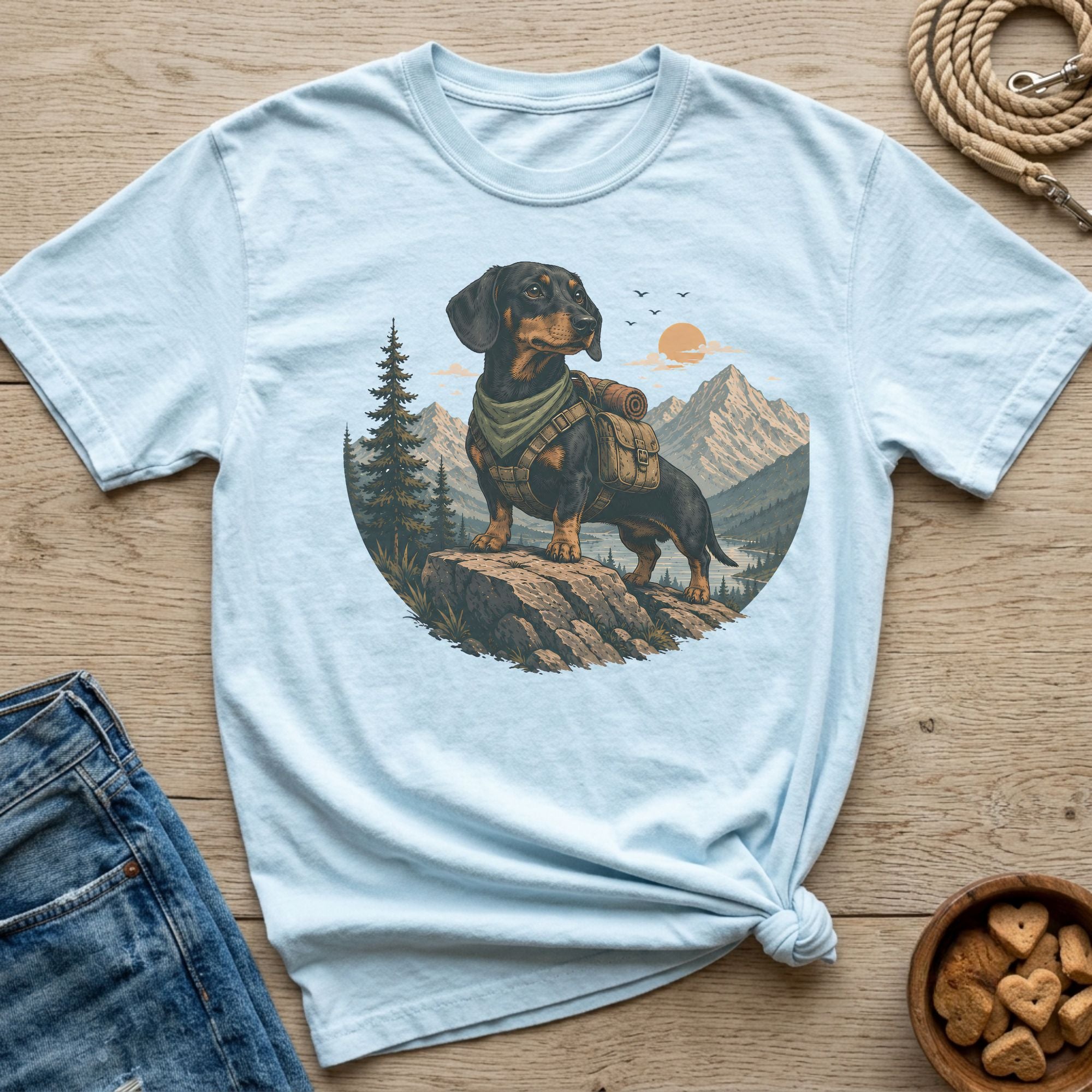 Light blue t-shirt with a graphic of a dachshund wearing a backpack on a mountain.