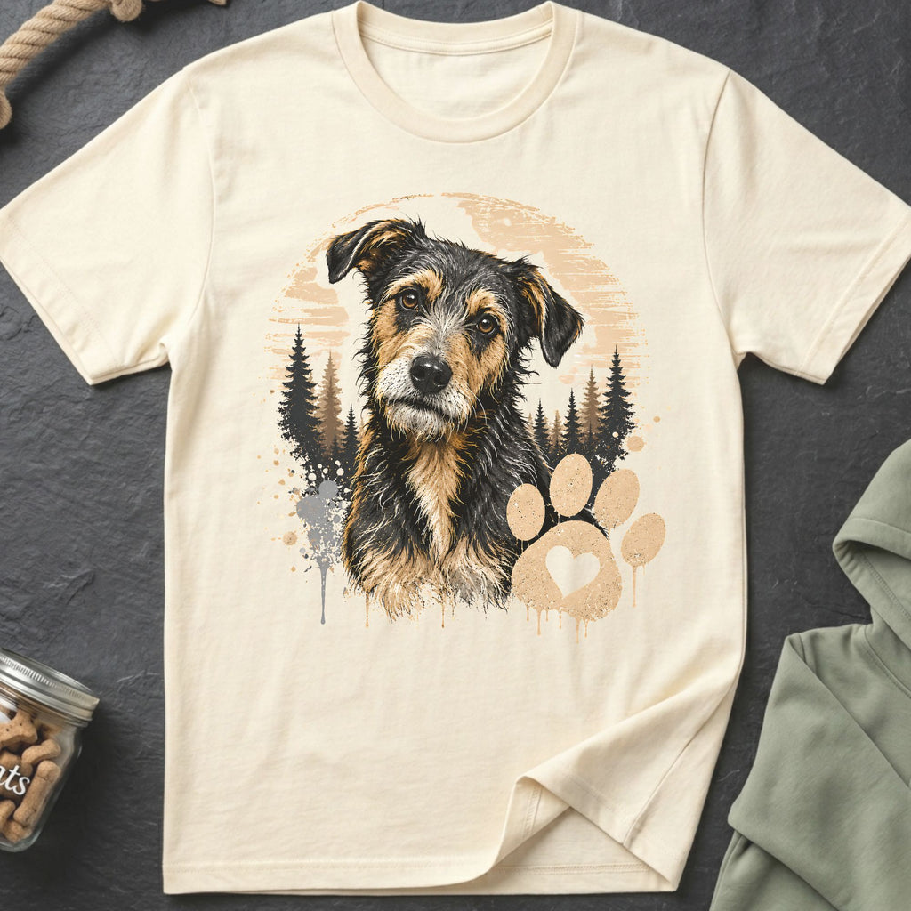 Cream t-shirt with a scruffy dog illustration, pine trees, and a paw print with heart.