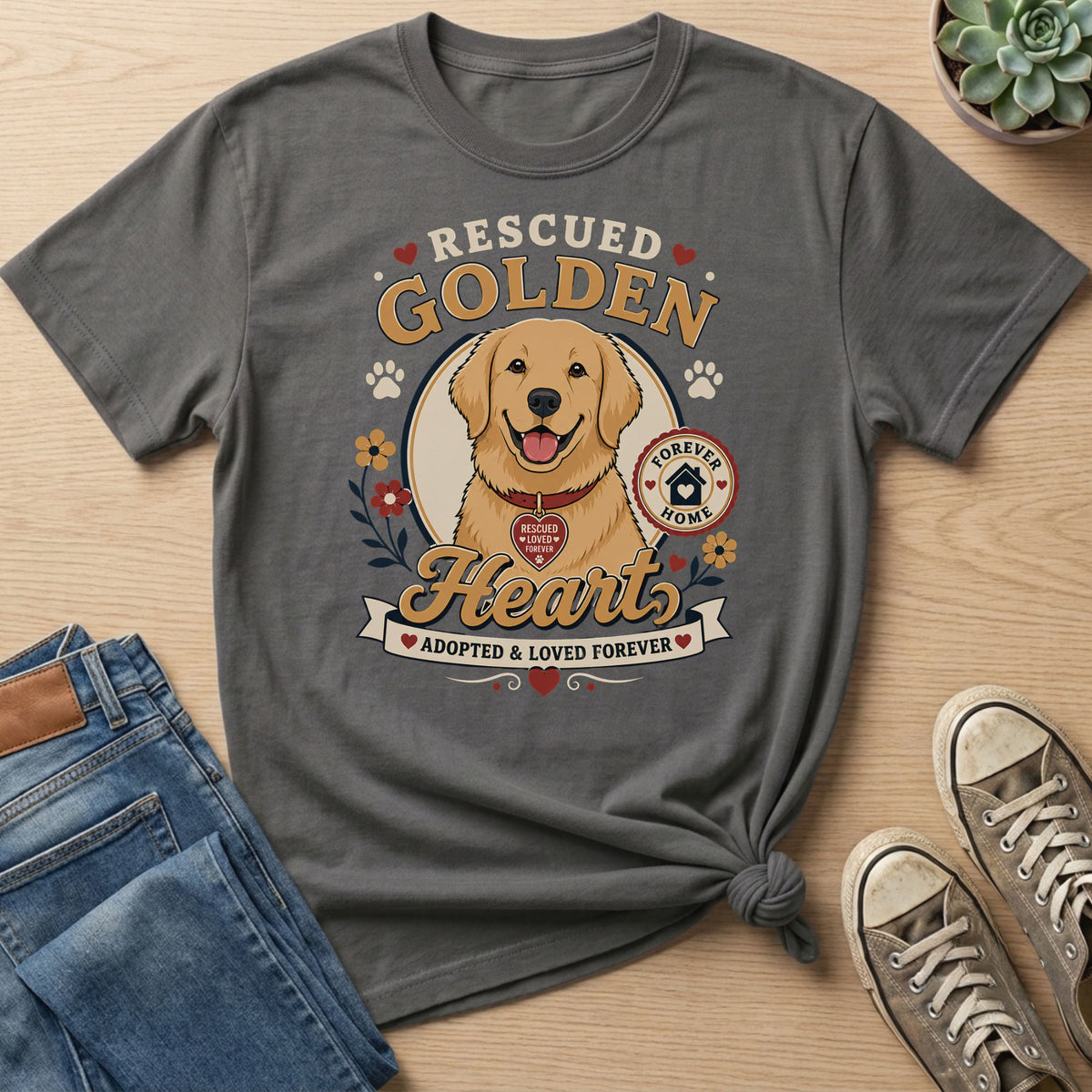 Rescued Golden Hearts adopted and loved forever graphic tee.