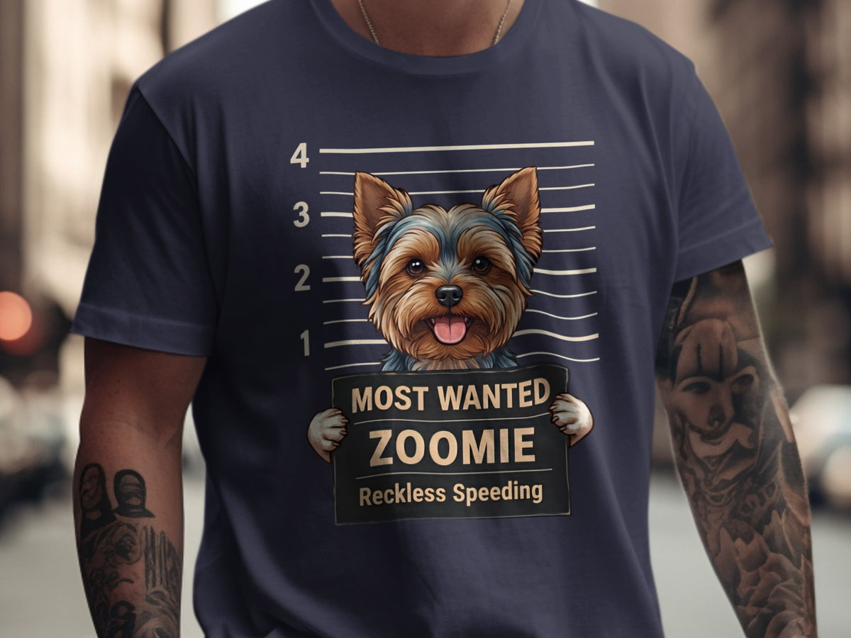 Yorkshire Terrier mugshot with text "Most Wanted Zoomie Reckless Speeding."