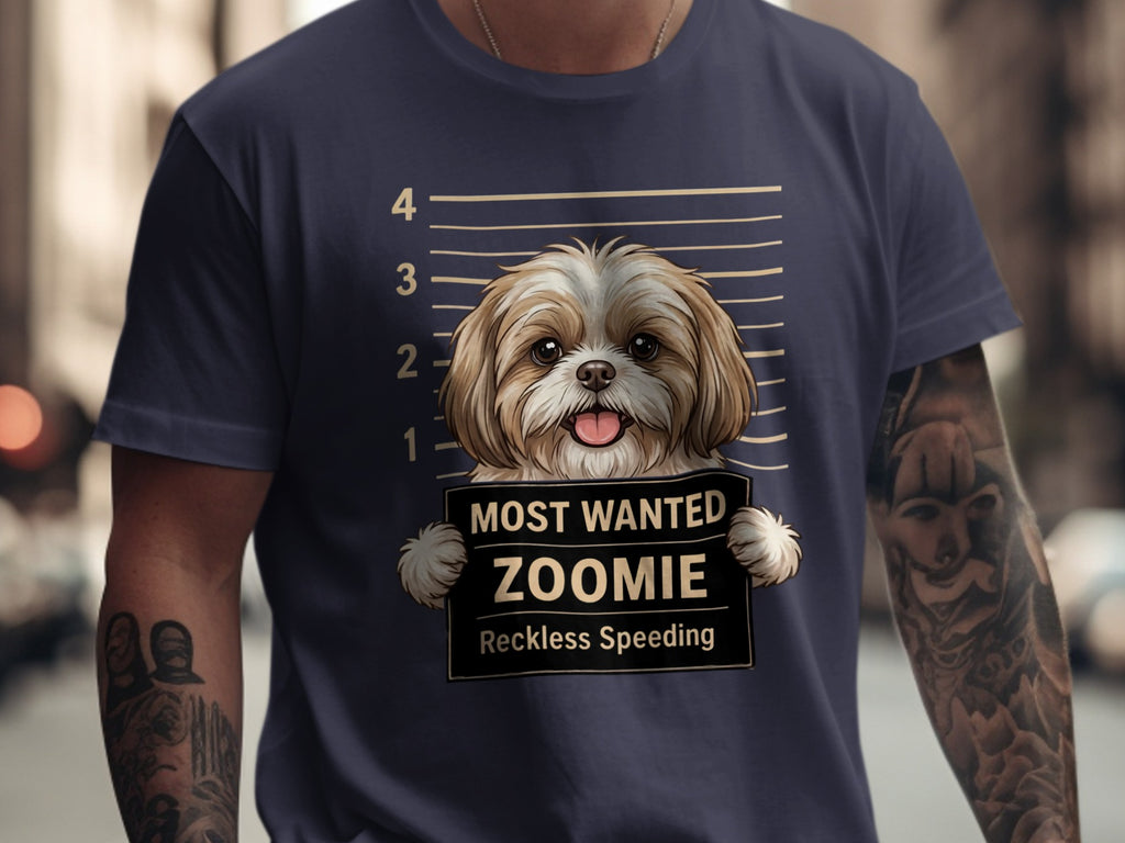 Shih Tzu mugshot graphic with text: "Most Wanted Zoomie, Reckless Speeding".