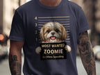 Shih Tzu mugshot graphic with text: "Most Wanted Zoomie, Reckless Speeding".