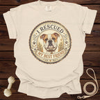 Cream t-shirt with circular graphic of English bulldog and text "I RESCUED MY BEST FRIEND".