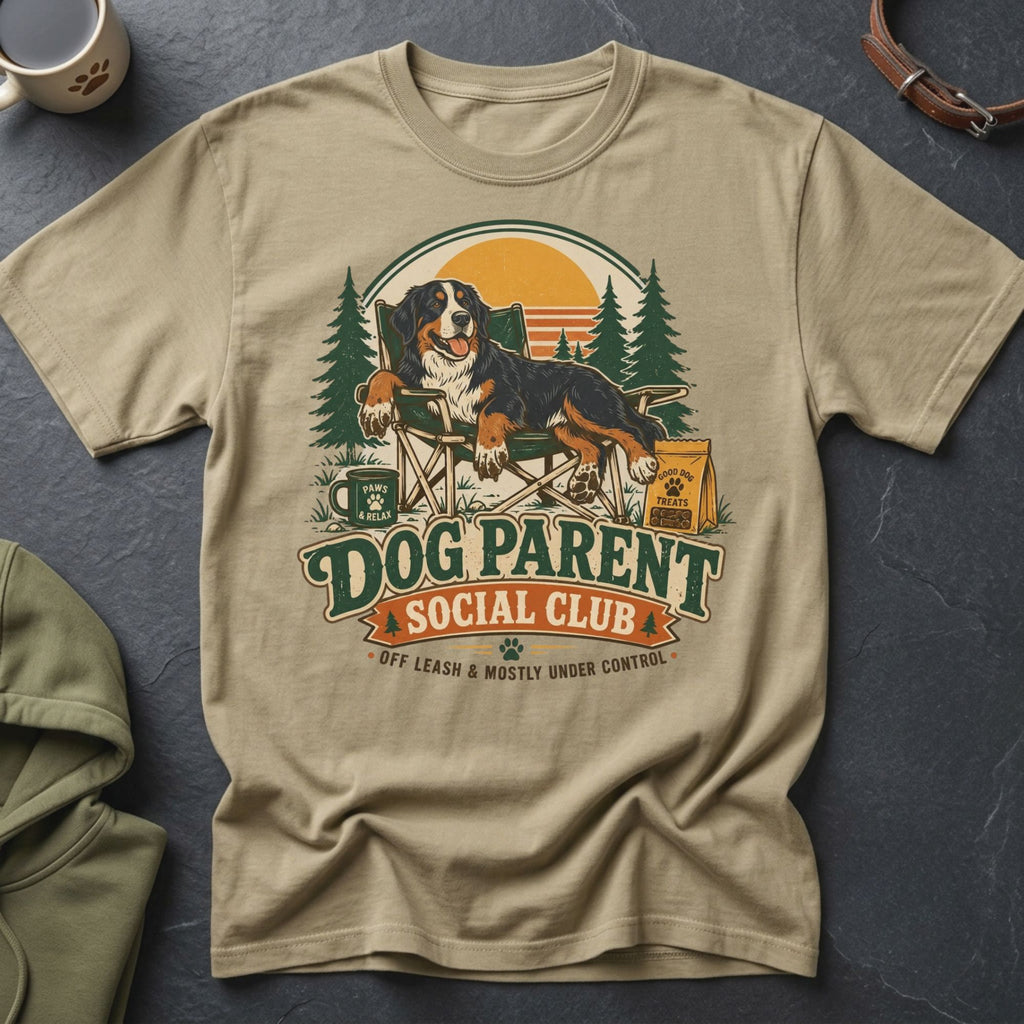 Bernese Mountain Dog lounging in a chair with "Dog Parent Social Club" text.