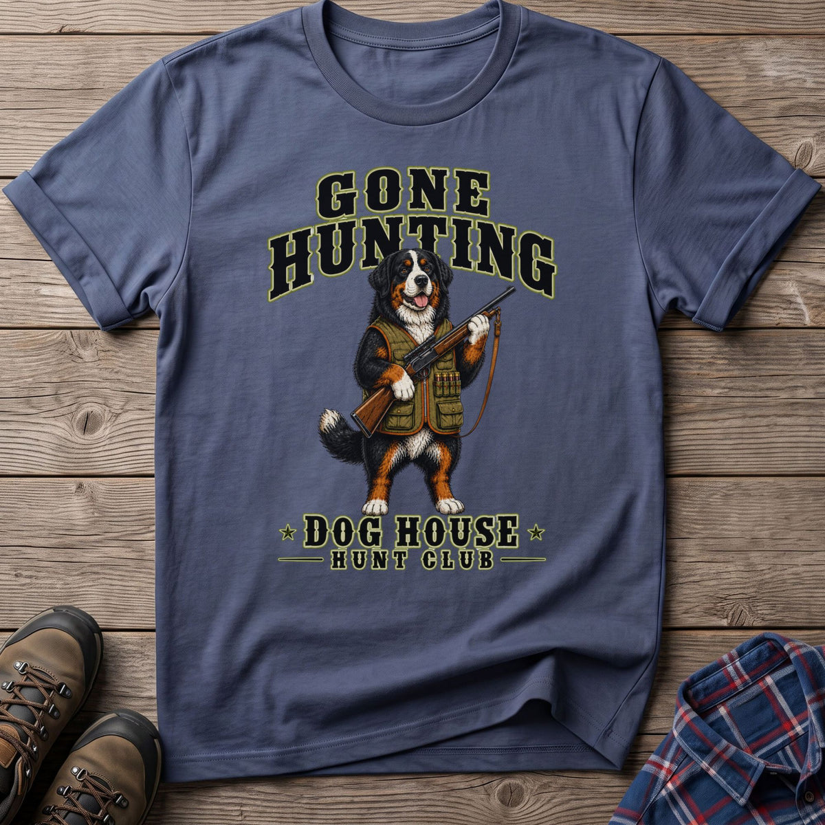 Bernese Mountain Dog wearing hunting vest holding rifle, "Gone Hunting Dog House Hunt Club" text.