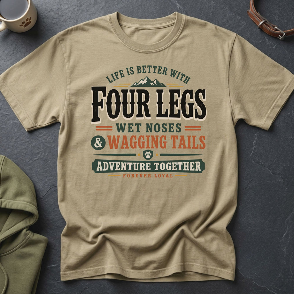 T-shirt with "Life is better with Four Legs, Wet Noses & Wagging Tails" text.