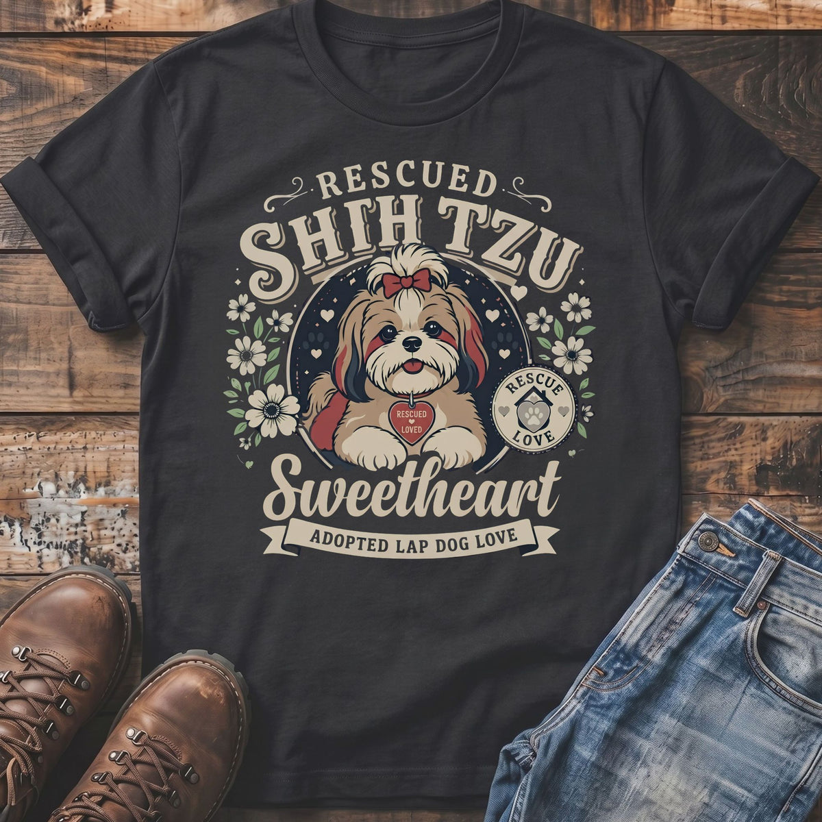 Dark t-shirt with rescued Shih Tzu graphic and text "Sweetheart Adopted Lap Dog Love".