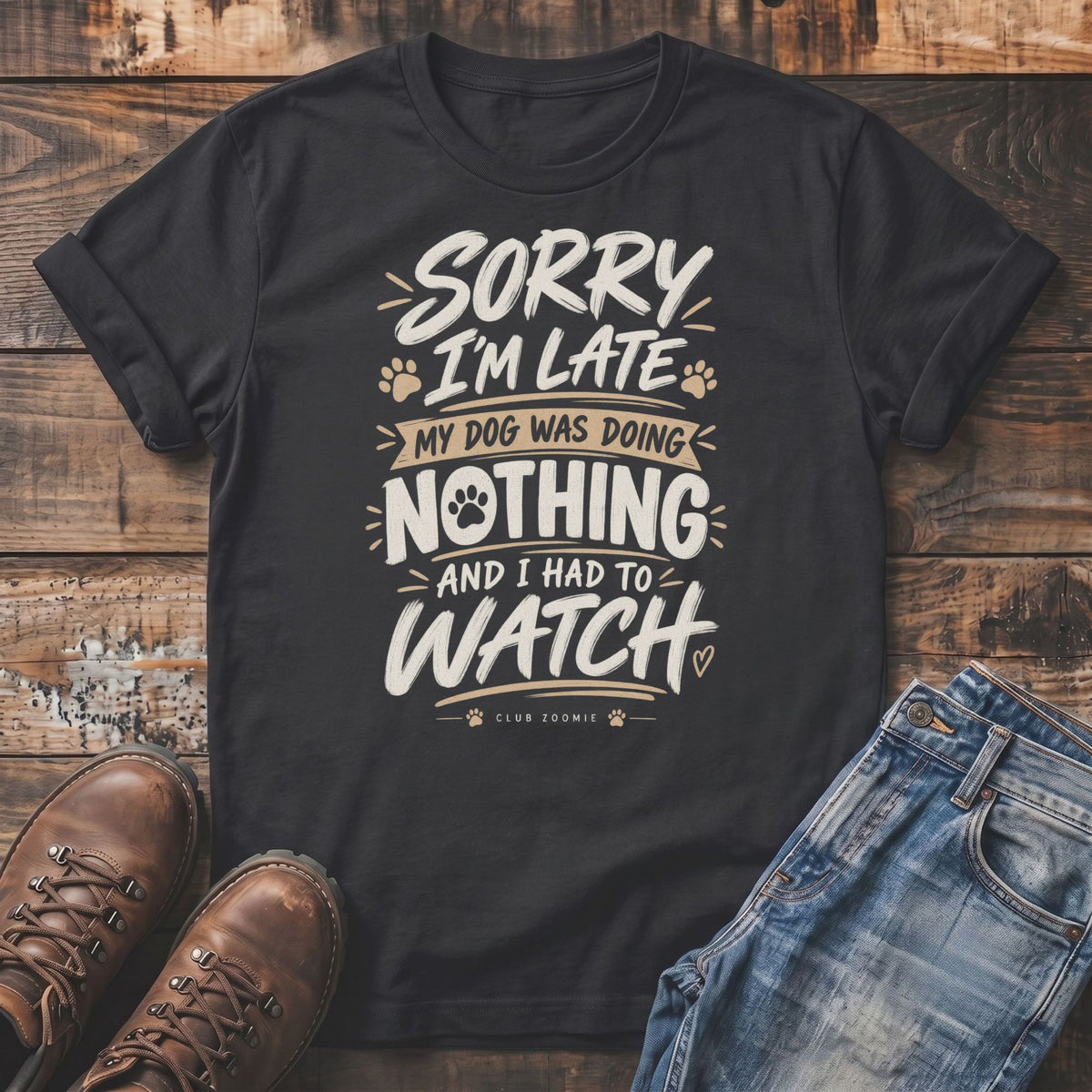 Black t-shirt with "Sorry I'm late, my dog was doing nothing and I had to watch" text.