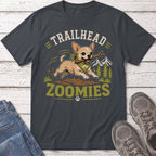 Chihuahua with stick on shirt reading "Trailhead Zoomies" with mountains and trees.