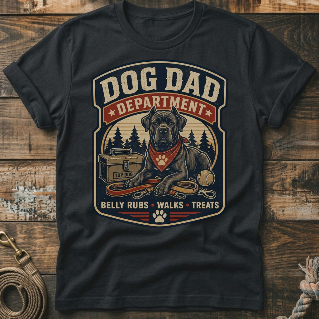 Dog Dad Department t-shirt graphic with a dog, leash, and tennis ball.