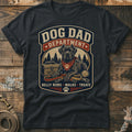 Dog Dad Department t-shirt graphic with a dog, leash, and tennis ball.