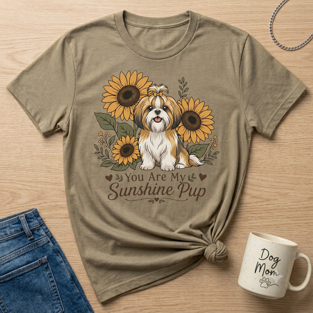 T-shirt with Shih Tzu dog, sunflowers, and "You Are My Sunshine Pup" text.