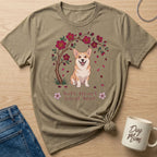 T-shirt with corgi, tree, flowers, and text "Soft Heart Loyal Soul".