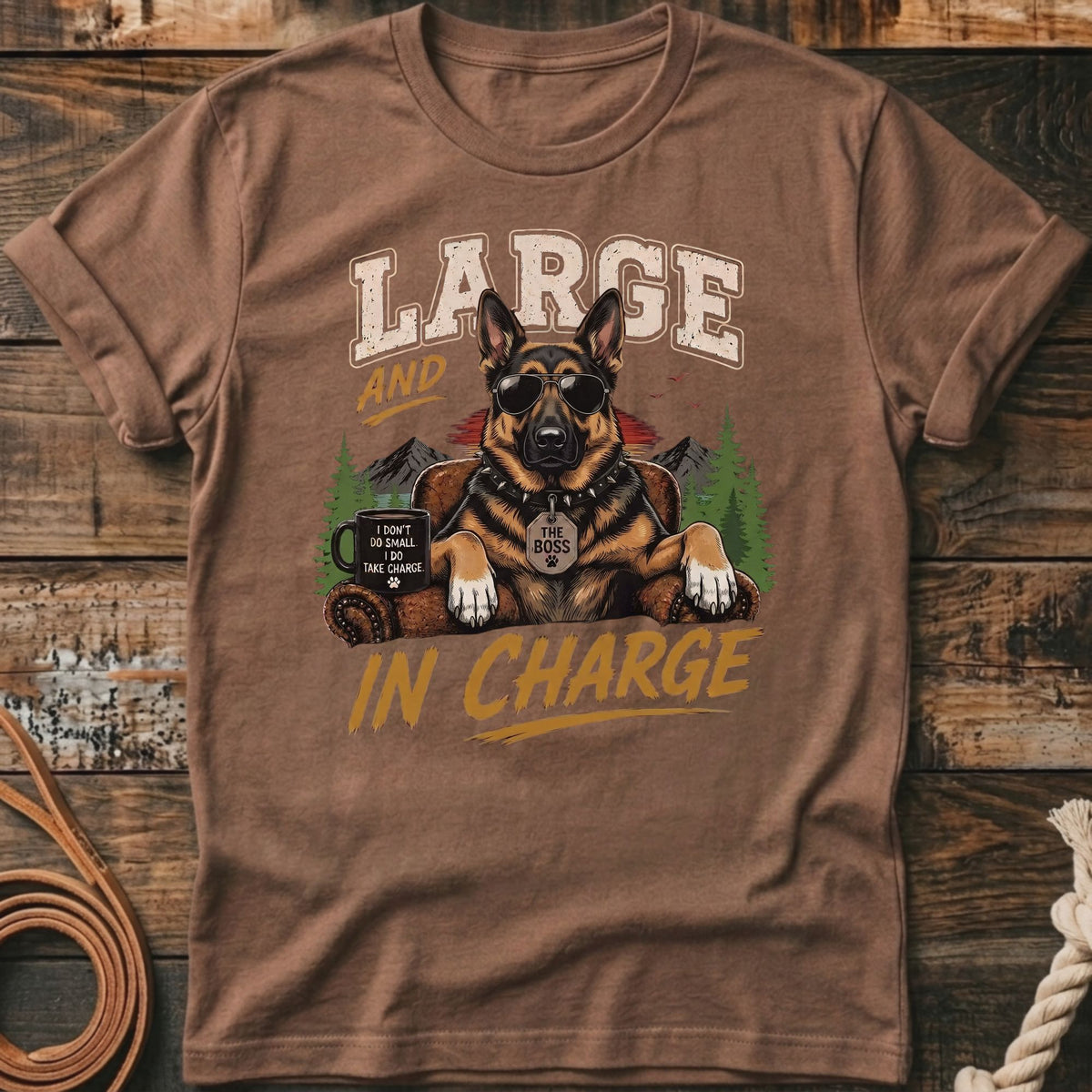 German Shepherd wearing sunglasses and a spiked collar, text "LARGE AND IN CHARGE".