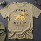 T-shirt with graphic of golden retriever carrying stick, text "Official Stick Transportation Dept".