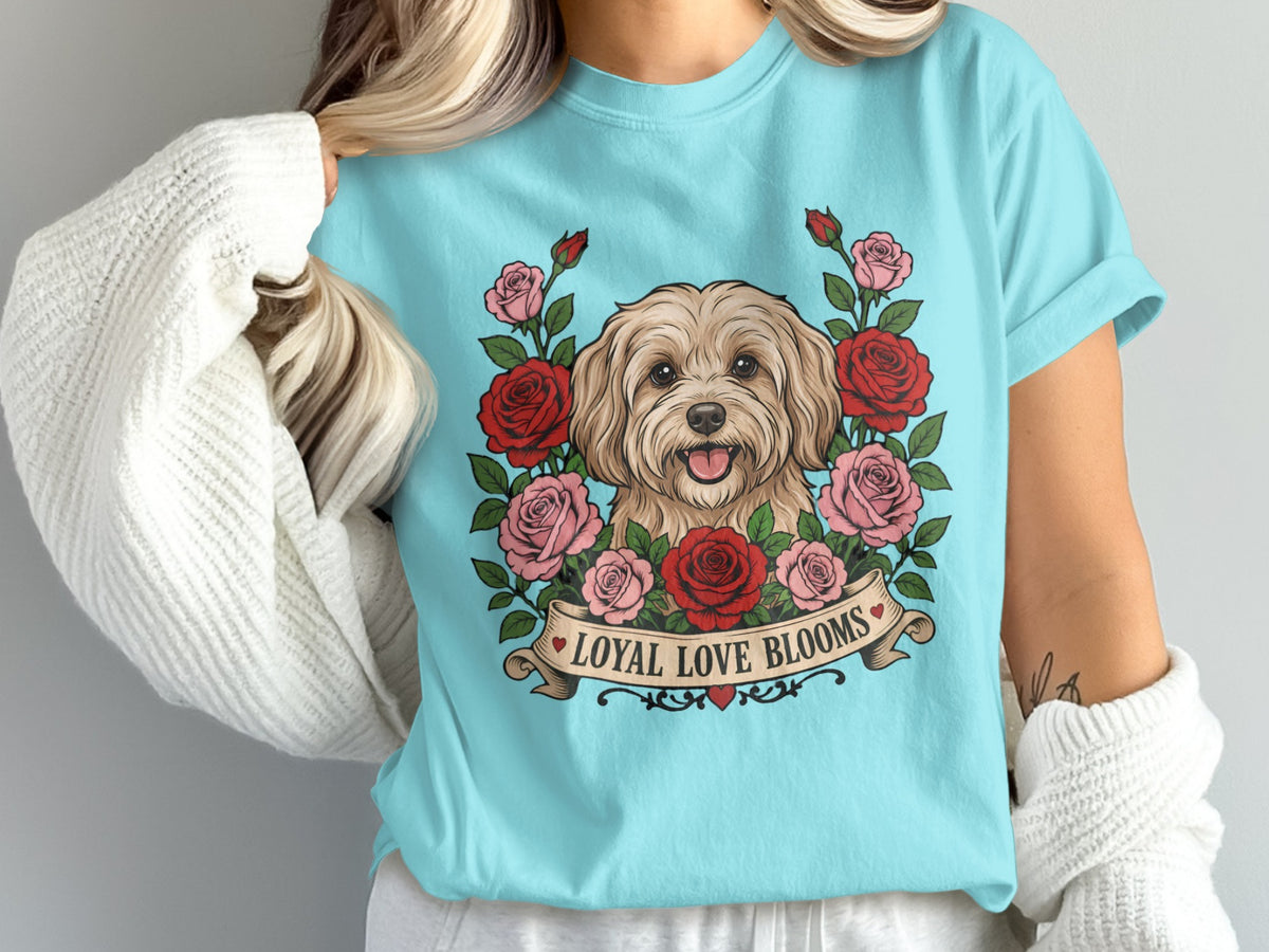 Light blue t-shirt featuring a dog surrounded by pink and red roses with banner text "LOYAL LOVE BLOOMS".