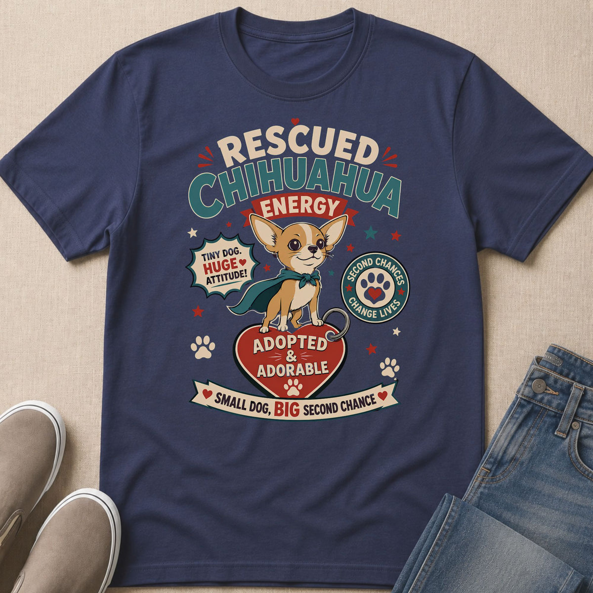 Rescued Chihuahua Energy with adopted and adorable messages and dog graphic.