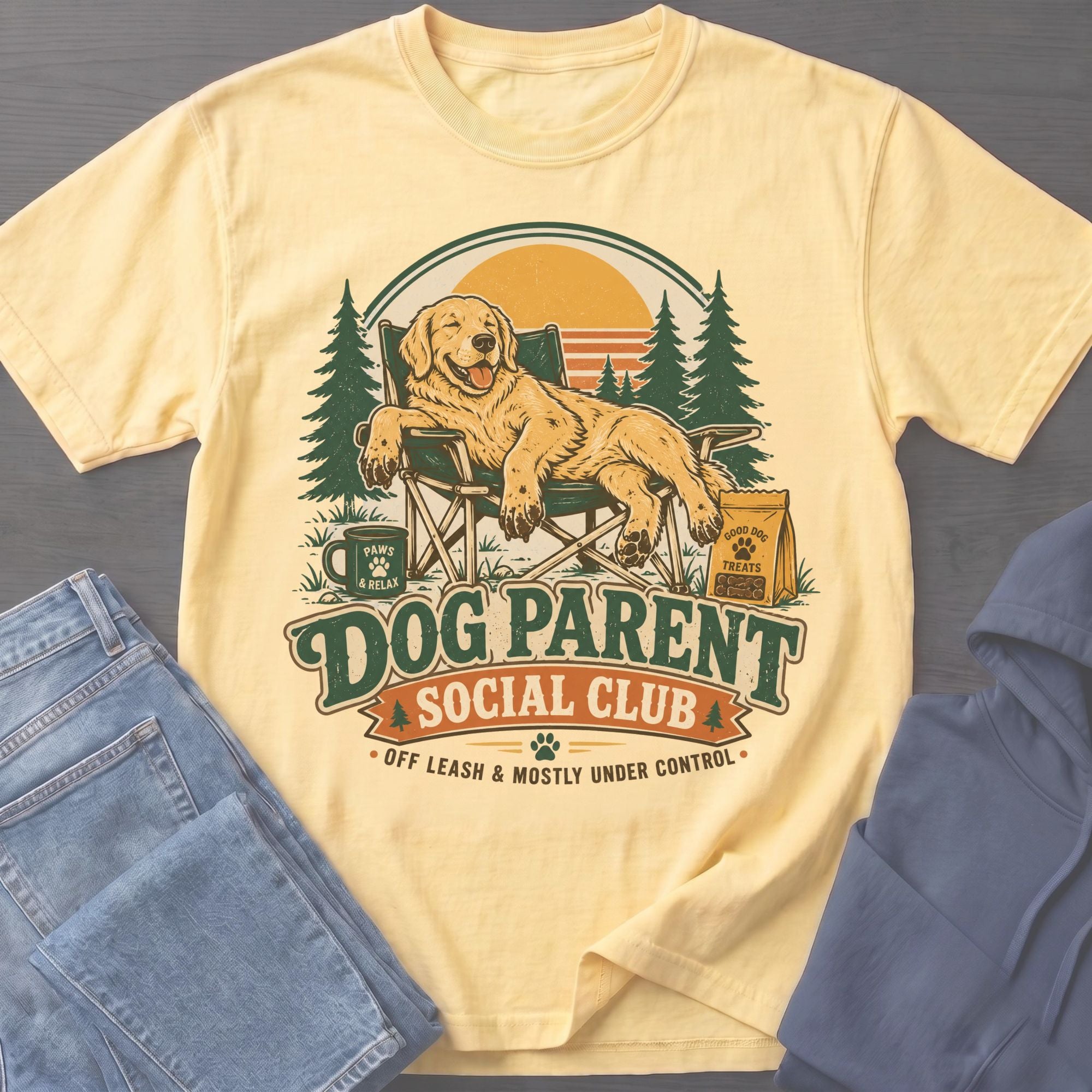 Yellow t-shirt with a Golden Retriever relaxing in a camping chair, "Dog Parent Social Club" text.