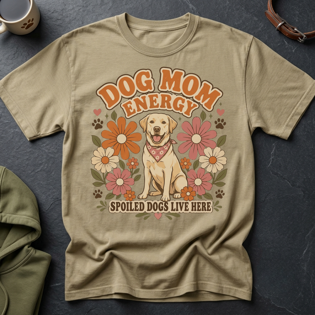 Labrador dog graphic with "Dog Mom Energy" and "Spoiled Dogs Live Here" text.