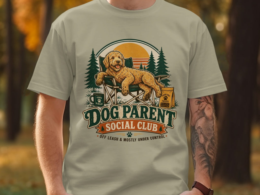 Dog sitting in a chair with text "DOG PARENT SOCIAL CLUB".