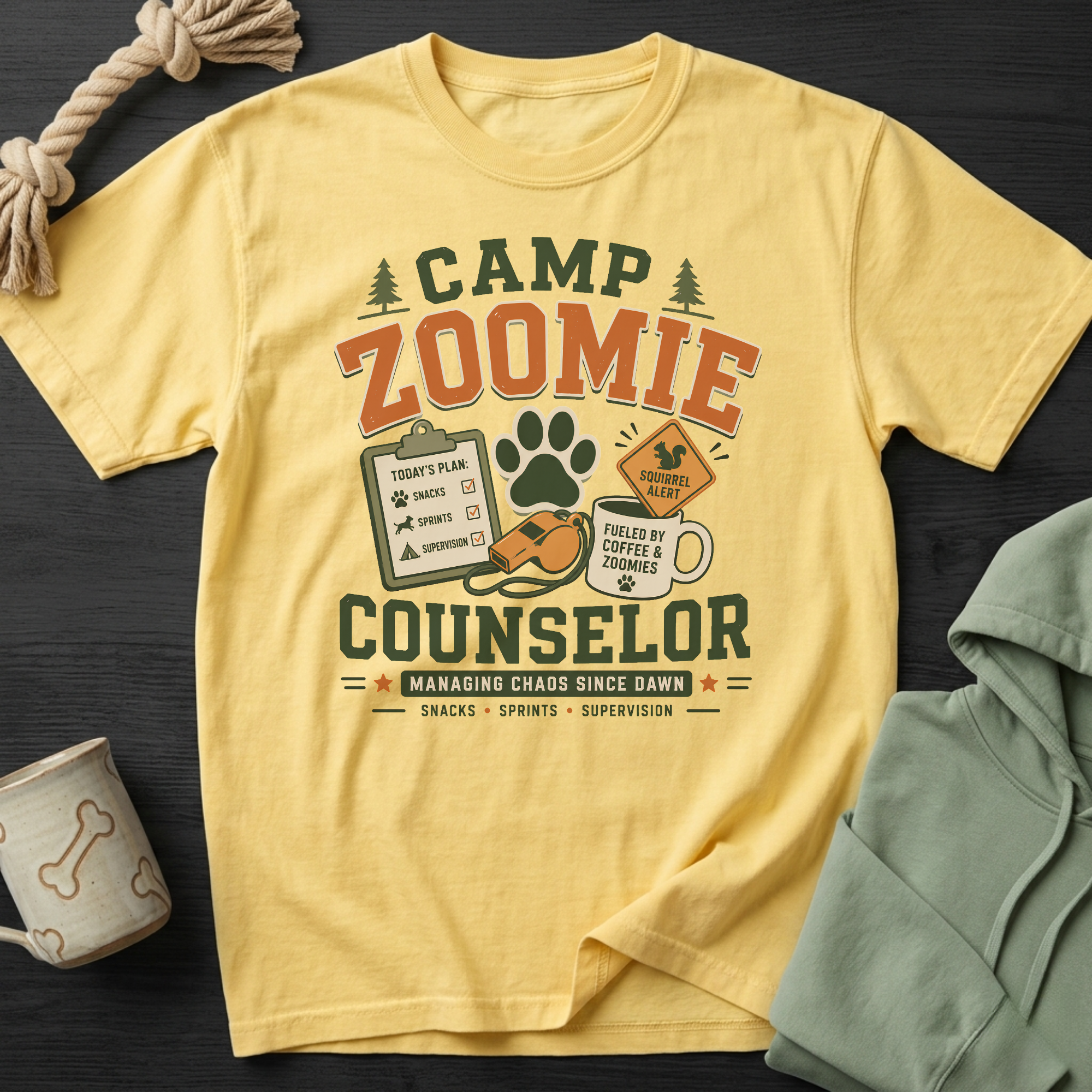 Yellow t-shirt with "Camp Zoomie Counselor" graphic, including a clipboard, paw print, and coffee mug.