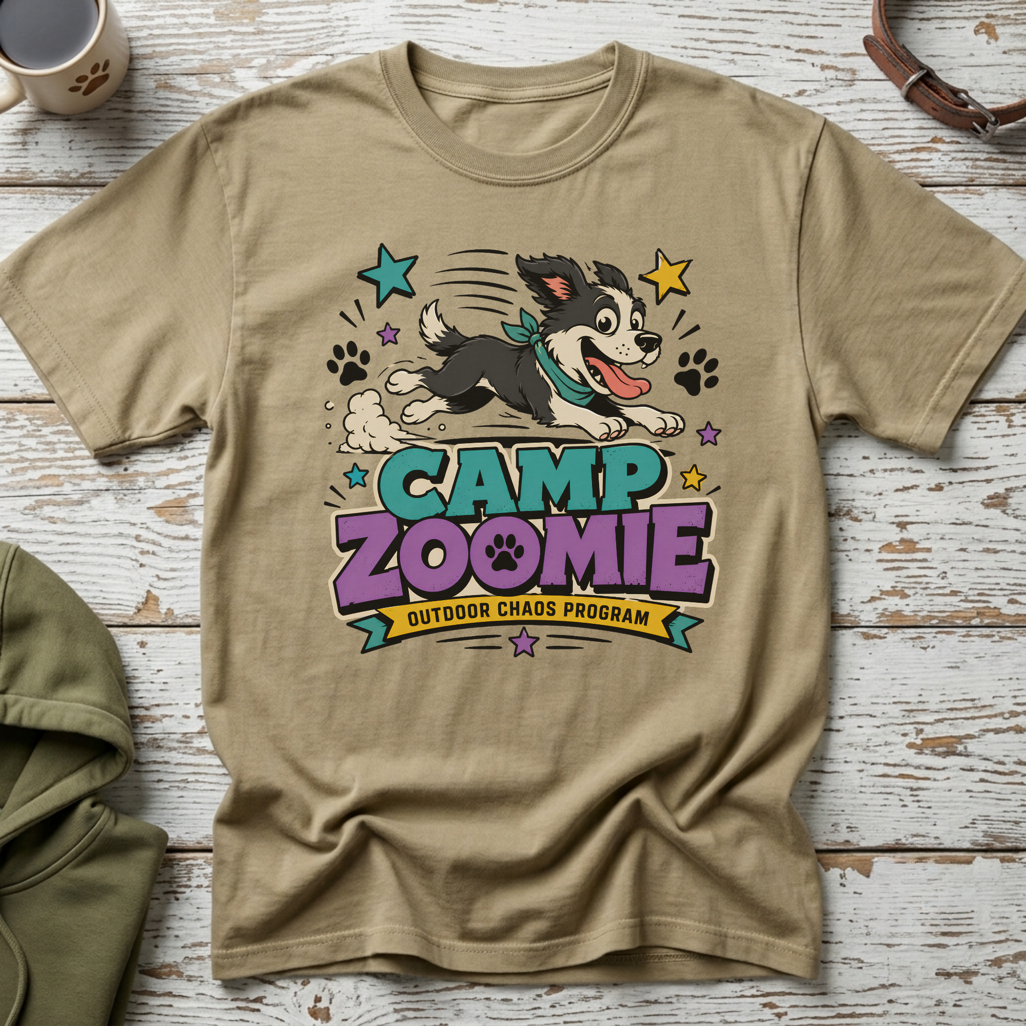 T-shirt with cartoon dog running and text "CAMP ZOOMIE OUTDOOR CHAOS PROGRAM".