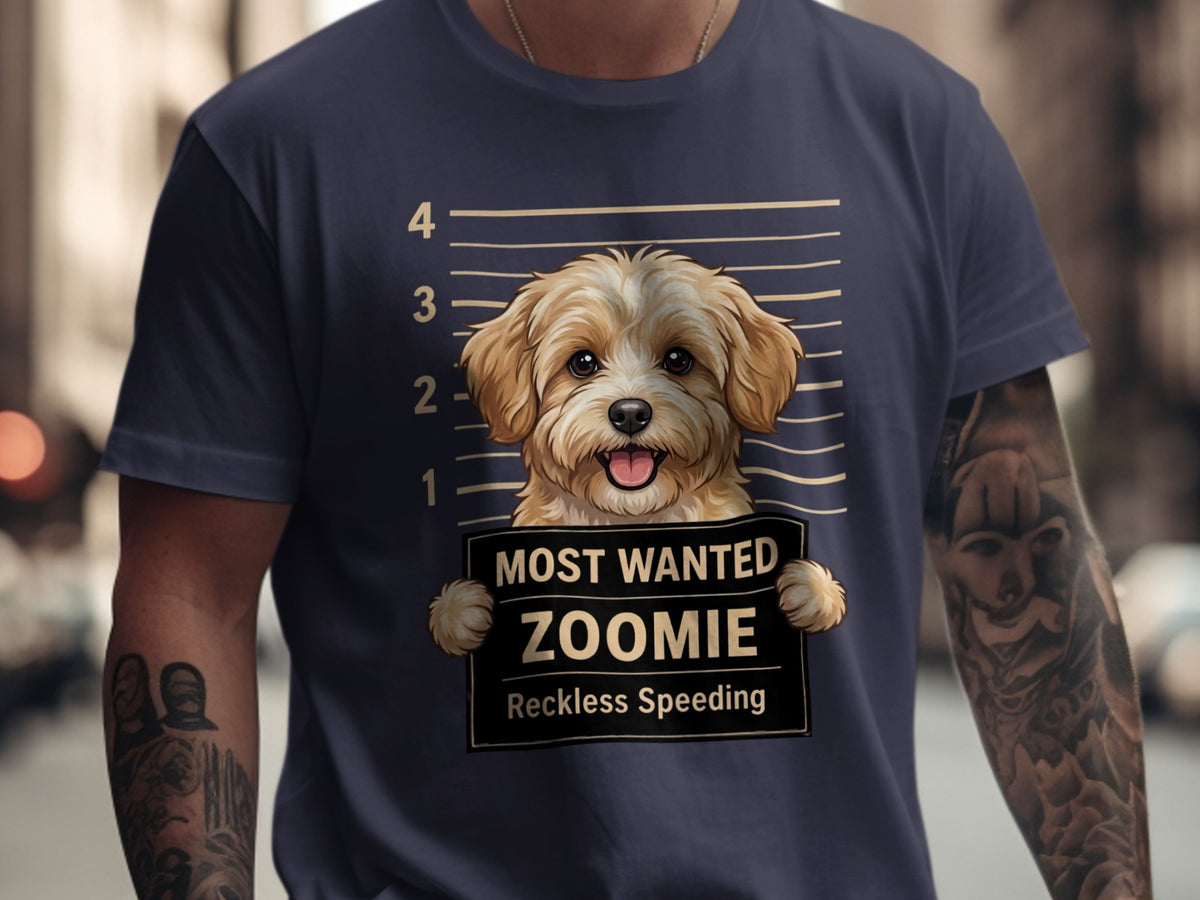 Dog mugshot graphic with "Most Wanted Zoomie" and "Reckless Speeding" text.