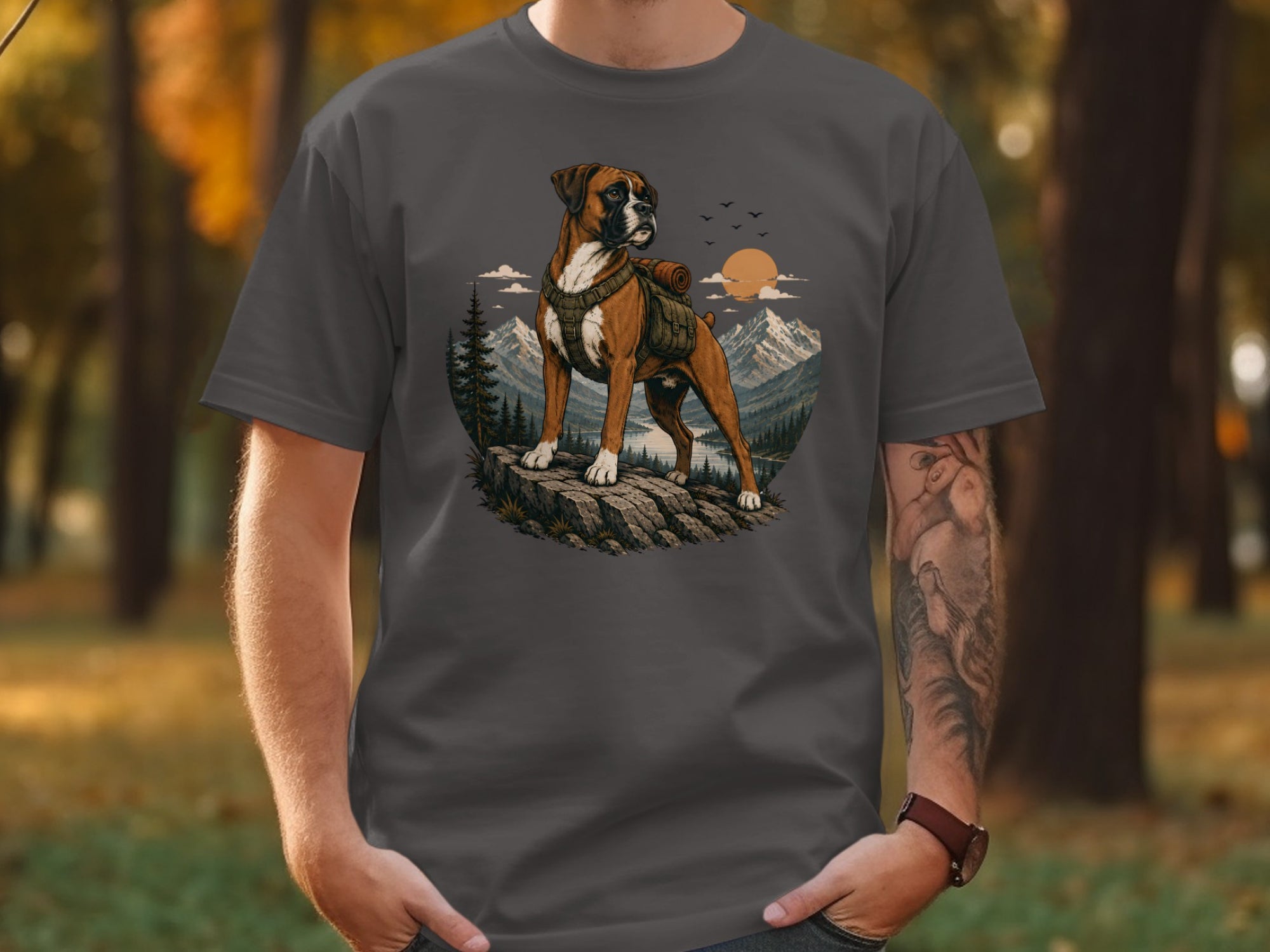 Boxer dog with backpack on mountain ridge, overlooking lake and sunset.