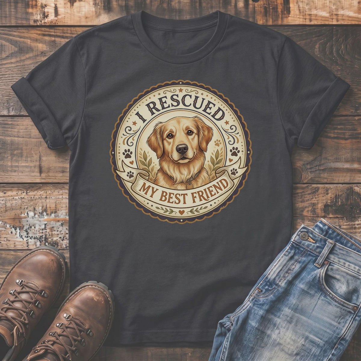 Dark grey t-shirt with golden retriever and text "I RESCUED MY BEST FRIEND".