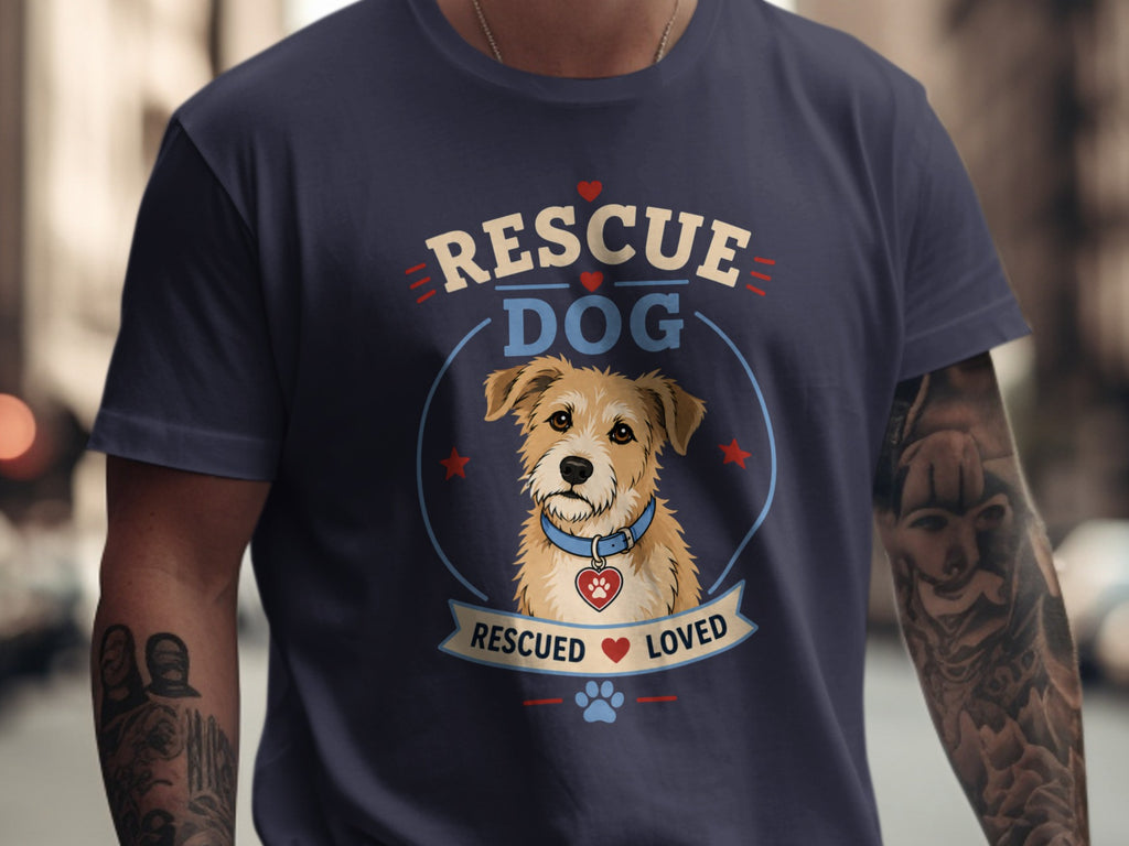Navy t-shirt with "Rescue Dog" and a dog graphic wearing a heart tag.