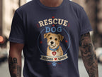 Navy t-shirt with "Rescue Dog" and a dog graphic wearing a heart tag.