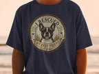 French bulldog portrait with text "I RESCUED MY BEST FRIEND" on a dark blue t-shirt.