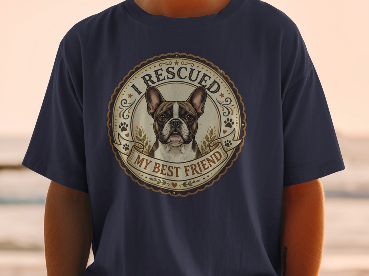 French bulldog portrait with text "I RESCUED MY BEST FRIEND" on a dark blue t-shirt.