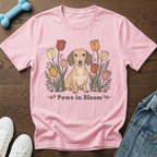 Pink t-shirt with a dachshund in tulips graphic and "Paws in Bloom" text.