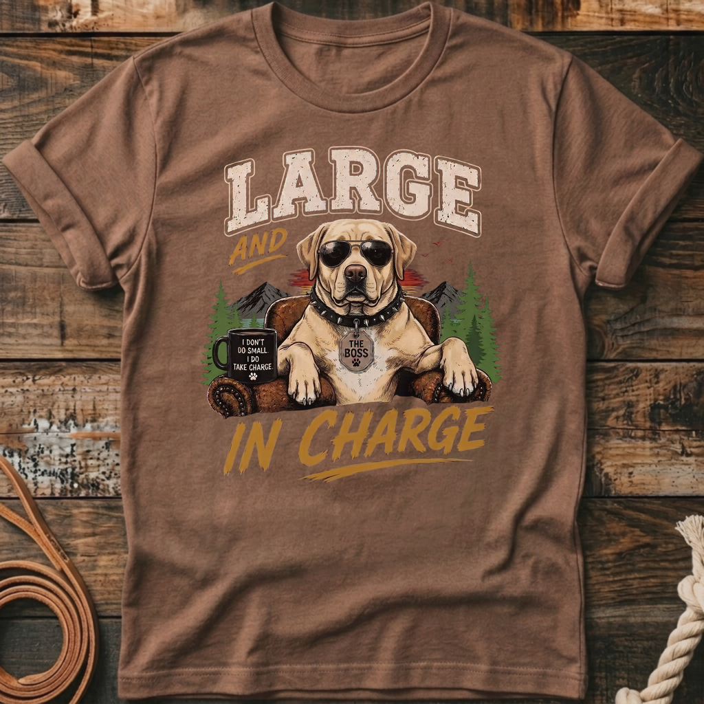 Labrador wearing sunglasses and collar, with text "Large and in Charge".