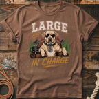 Labrador wearing sunglasses and collar, with text "Large and in Charge".
