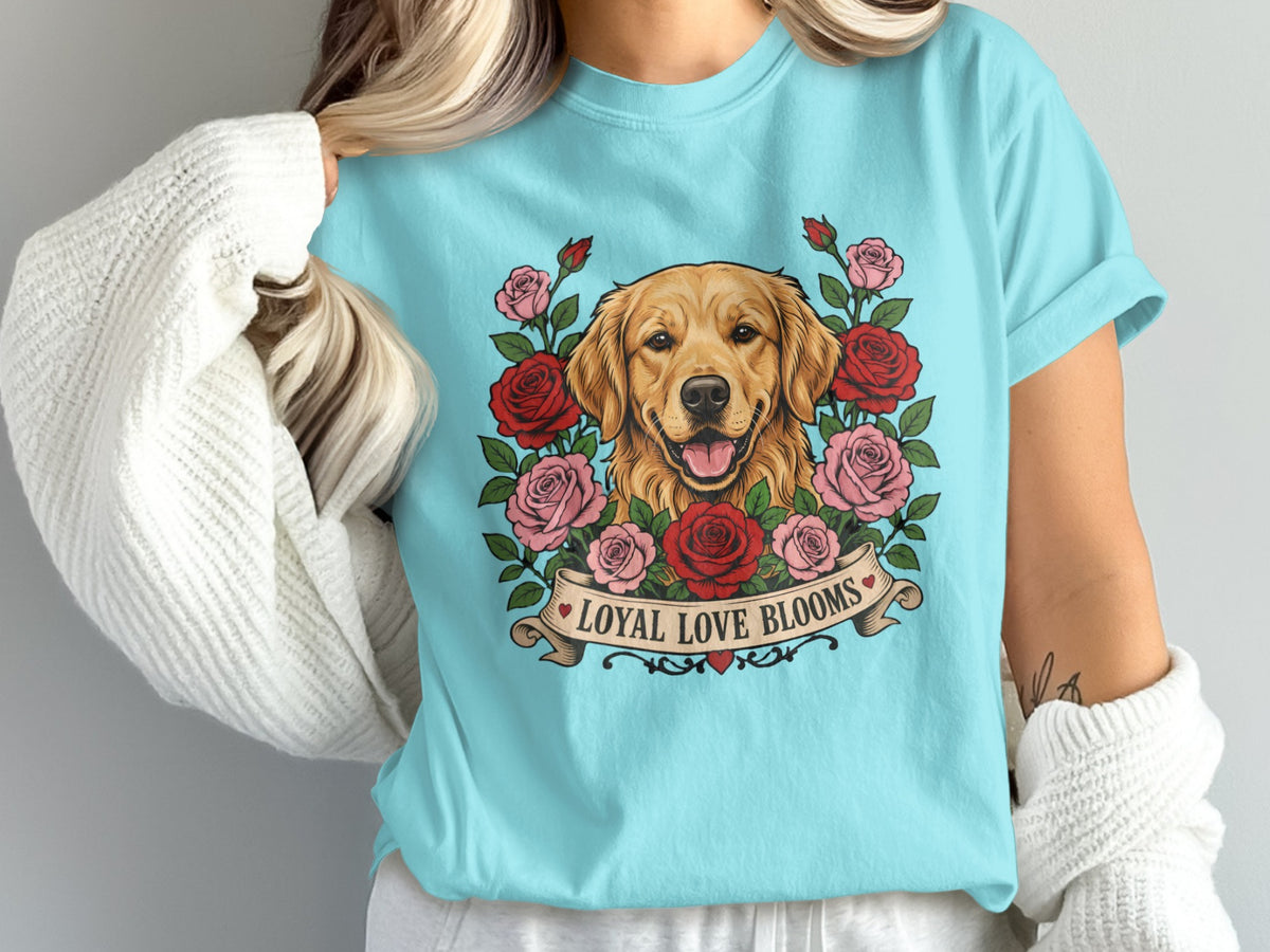 Golden retriever surrounded by roses with "Loyal Love Blooms" text.