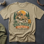 French bulldog on chair with "Dog Parent Social Club" text and outdoor scene.