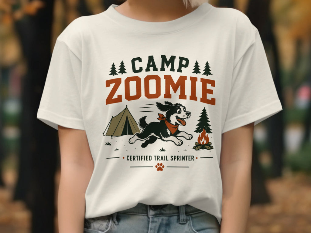 White t-shirt with "Camp Zoomie" text, a dog, tent, campfire, and trees.